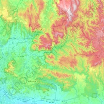 Mapa topográfico Shire of Yarra Ranges, altitud, relieve