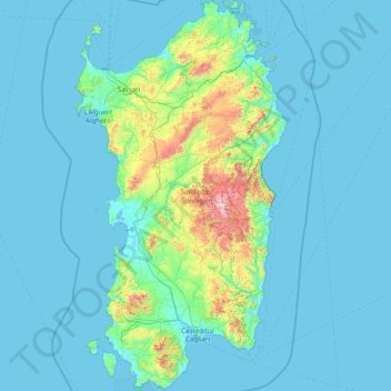 Mapa topográfico Sardinien, altitud, relieve