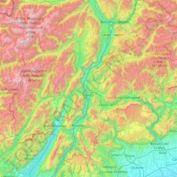 Mapa topográfico Autonome Provinz Trient, altitud, relieve