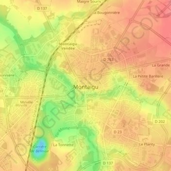 Mapa topográfico Montaigu, altitud, relieve