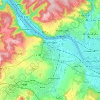 Mapa topográfico Andernach, altitud, relieve