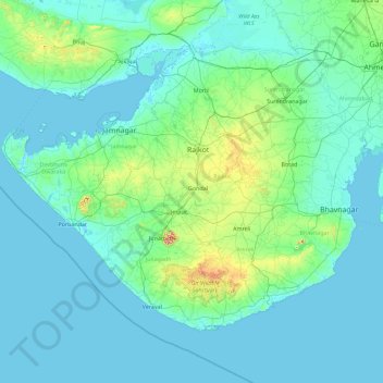 Mapa topográfico Kathiawar, altitud, relieve
