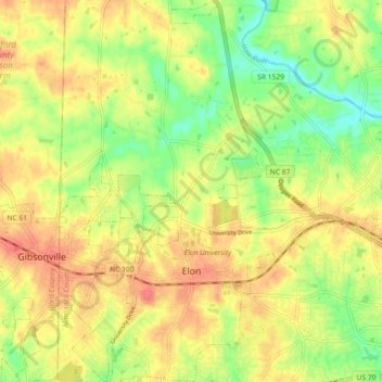 Mapa topográfico Elon, altitud, relieve