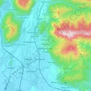 Mapa topográfico Gemona del Friuli, altitud, relieve
