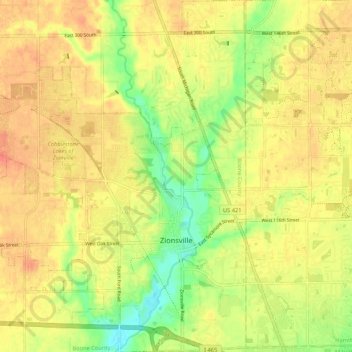 Mapa topográfico Zionsville, altitud, relieve