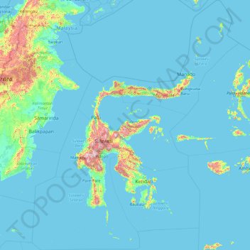 Mapa topográfico Sulawesi, altitud, relieve
