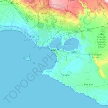 Mapa topográfico Taranto, altitud, relieve