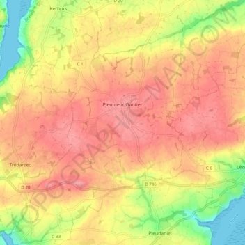 Mapa topográfico Pleumeur-Gautier, altitud, relieve