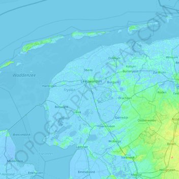 Mapa topográfico Fryslân, altitud, relieve