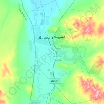 Mapa topográfico Дархан, altitud, relieve