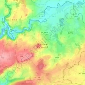 Mapa topográfico Moulins-le-Carbonnel, altitud, relieve