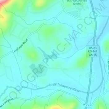 Mapa topográfico Rabun Gap Nacoochee School Lake, altitud, relieve