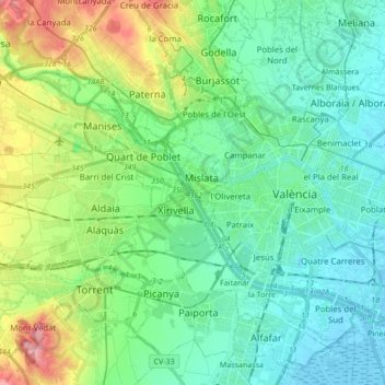 Mapa topográfico Río Turia, altitud, relieve