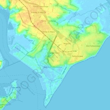 Mapa topográfico Felixstowe, altitud, relieve