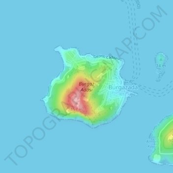 Mapa topográfico Burgaz Adası, altitud, relieve