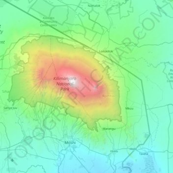Mapa topográfico Kilimanjaro, altitud, relieve