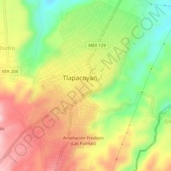Mapa topográfico Tlapacoyan, altitud, relieve