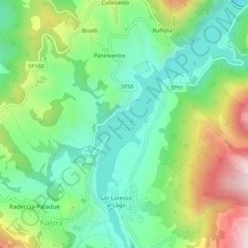 Mapa topográfico Lago di Fiastra, altitud, relieve