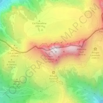 Mapa topográfico Tre Cime di Lavaredo - Drei Zinnen, altitud, relieve