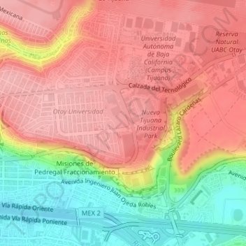 Mapa topográfico Otay Jardín II, altitud, relieve