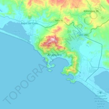 Mapa topográfico Acapulco, altitud, relieve