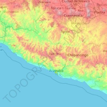 Mapa topográfico Guerrero, altitud, relieve