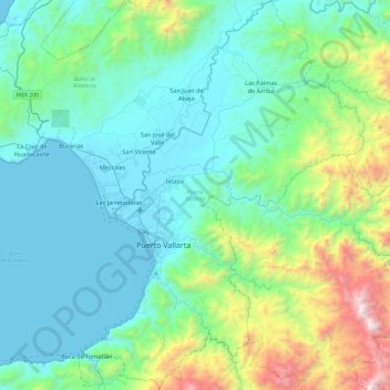 Mapa topográfico Puerto Vallarta, altitud, relieve