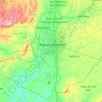 Mapa topográfico Municipio de Aguascalientes, altitud, relieve